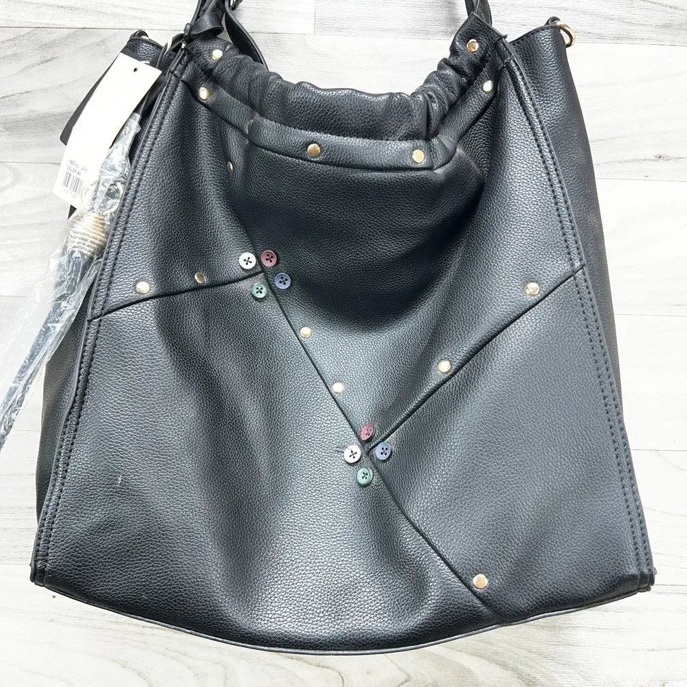 Vegan Le Miel Shoulder Bag Women's Black Beaded‎ Faux Leather Detachable Strap